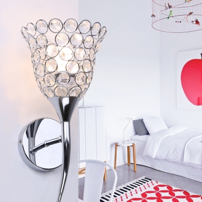 Contemporary Style Chrome Sconce Light with Floral Shade 1-Light Clear Crystal Wall Lighting