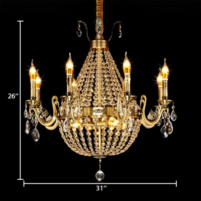 French Empire Chandelier with Candle 8/9/12 Lights Pendant Light with Clear Crystal Decoration in Aged Brass