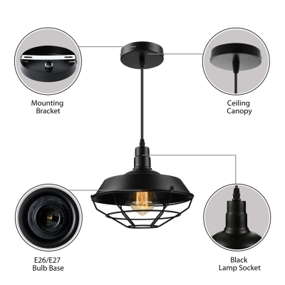 Industrial Barn 1 Lt Pendant Light in Black with Wire Guard for Dining Table Kitchen Island
