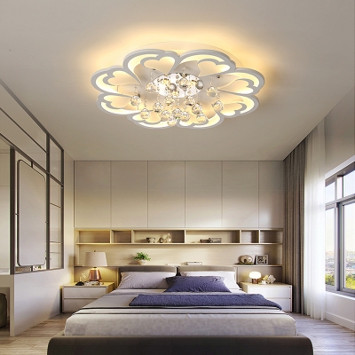 Living Room Flower Ceiling Fixture Acrylic Modern White LED Flush Ceiling Light with Clear Crystal