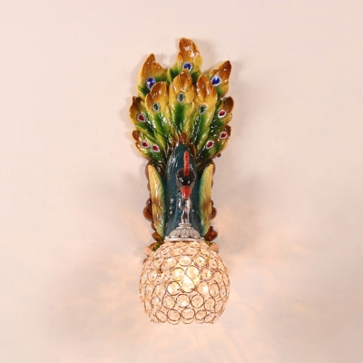 Peacock Bedroom Wall Lamp Clear Crystal 1 Light Vintage Wall Sconce in White/Yellow/Green