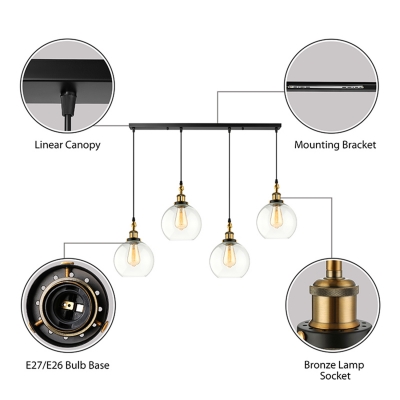 Retro Style Multi Light Pendant in Glass Globe Shade Industrial Linear Pendant Lighting in Black