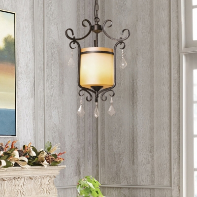 Rustic Style Drum Pendant Lighting 1 Light Suspended Light with Glass Shade and Clear Crystal Decoration