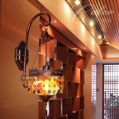 Single Light Drum Wall Sconce Vintage Colorful Crystal Sconce Light in Rust for Hallway