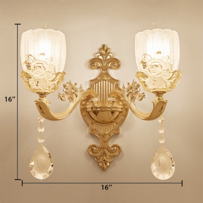Traditional Gold Wall Light with Flower and Clear Crystal 1/2 Lights Metal Wall Sconce