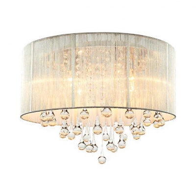 Vintage Drum Flushmount Lighting with Clear Crystal 4/6-Light White Fabric Ceiling Light Fixture