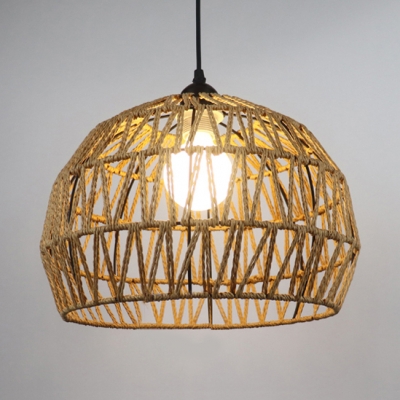 Beige/Coffee Dome Shade Ceiling Pendant Light Rustic Rope Single Hanging Lamp with 47