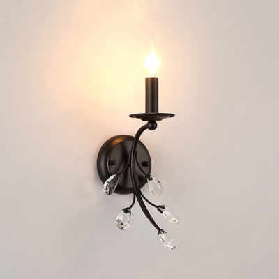 Candle Bedroom Wall Lamp Iron One Light Modern Style Sconce Light in Black with Clear Crystal