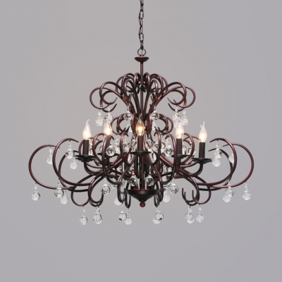 Classic Candle Chandelier Metal Height Adjustable Pendant Lighting with Clear Crystal and 12