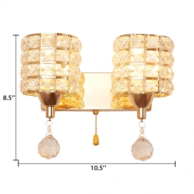 Clear Crystal Cylinder Wall Mounted Lighting 2 Lights Modern Style Sconce Light for Bathroom, 10.5
