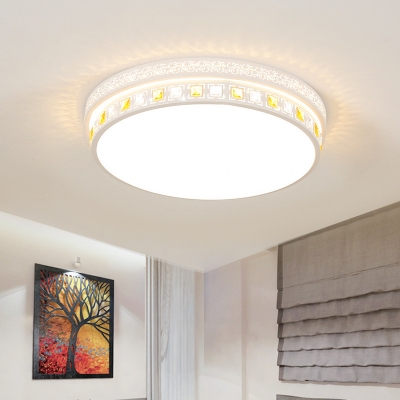 Drum LED Flush Mount Light with Clear Crystal Decoration Acrylic Modern Ceiling Lamp in White for Bedroom
