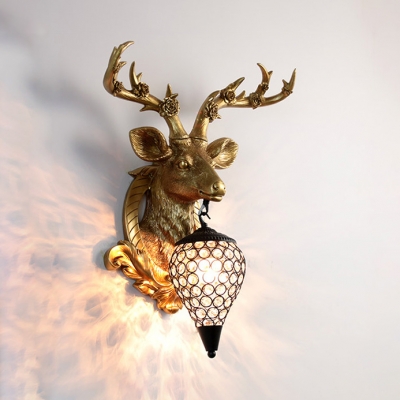 Foyer Teardrop Wall Lamp Clear Crystal Antique Sconce Light with Deer Decoration