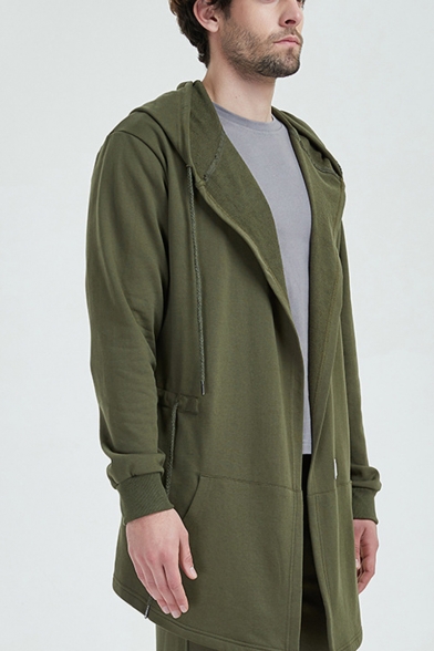 Mens Cotton Drawstring Hooded Solid Color Long Sleeve Casual Sport Longline Cardigan Coat