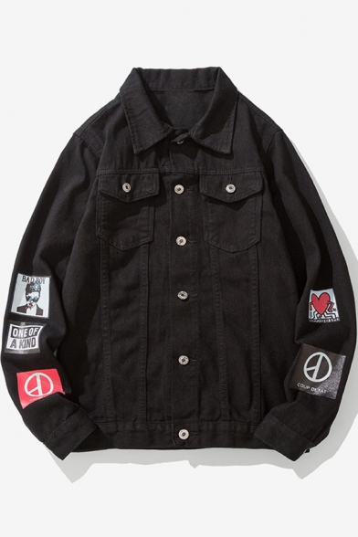 New Stylish Cool Street Letter Applique Mens Black Loose Denim Jacket