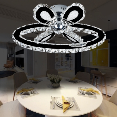 Ring Semi Flush Mount Lighting Modern Metal LED Ceiling Lamp with Clear Crystal Bead in Chrome