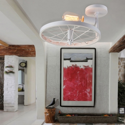 Single Light Wheel Ceiling Light Metal Modern Semi Flush Light in Green/Orange/Red/White for Living Room