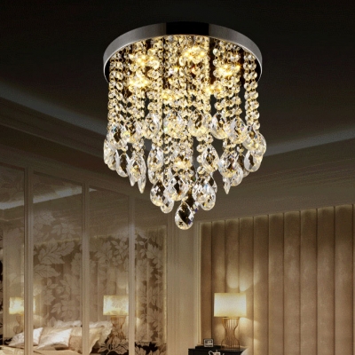 Flush Mount Modern Clear Crystal Chandelier in Chrome for Dining Room