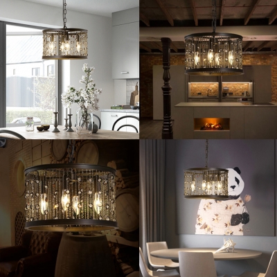 4 Lights Drum Pendant Lighting with Crystal Beads Rustic Metal Hanging Lamp with 71