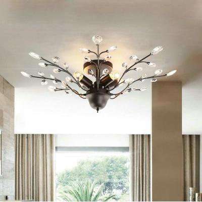 4 Lights Semi Flush Mount Lighting with Clear Crystal Decoration Vintage Ceiling Light Fixture in Black/White
