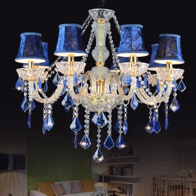 Traditional Flared Chandelier Clear Crystal 8 Lights Dark/Light Blue Pendant Lamp for Living Room