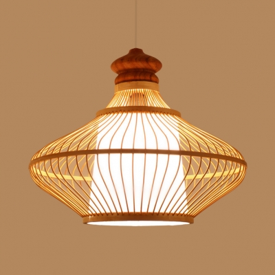 Asian Beige Ceiling Pendant Light with Gourd Shade 1 Light Bamboo Suspended Light