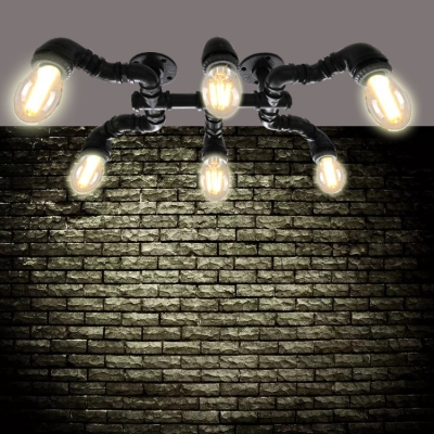 Black/Copper Pipe Ceiling Light 6 Bulbs Metal Industrial Semi Flush Mount for Bar