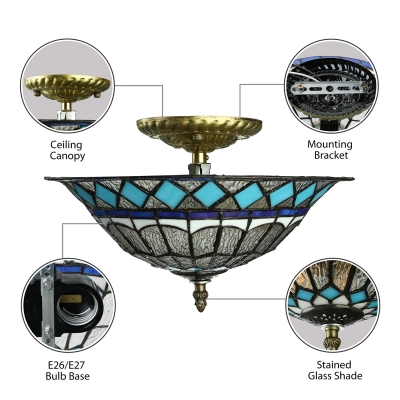 Blue Diamond Pattern 12 Inch Flush Mount Ceiling Light in Tiffany Stained Glass Style