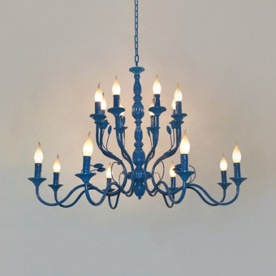 Blue Open Bulb Hanging Light with Candle Multi Light Traditional Metal Chandelier Light