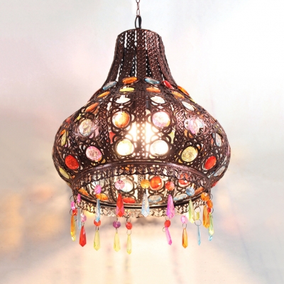 Dinging Room Curved Hanging Light Metal Rustic Pendant Lamp with Multi Color Crystal