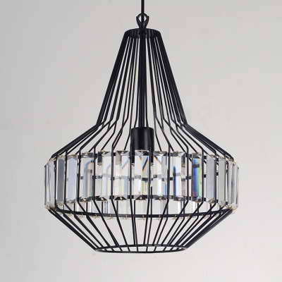 Dining Room Cage Pendant Lighting with Clear Crystal Decoration Vintage Black Chandelier with Adjustable Cord