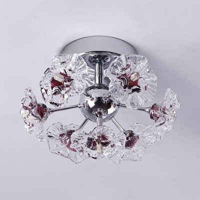 Floral Ceiling Light Clear/Purple Crystal Modern 7-LED Semi Flush Light for Foyer