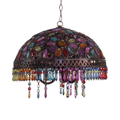 Metal Domed Suspended Light 3 Lights Antique Hanging Lamp with Colorful Crystal for Bedroom