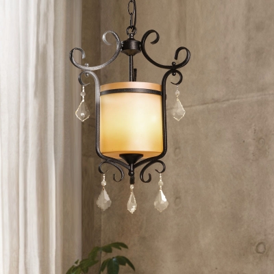Rustic Style Drum Pendant Lighting 1 Light Suspended Light with Glass Shade and Clear Crystal Decoration