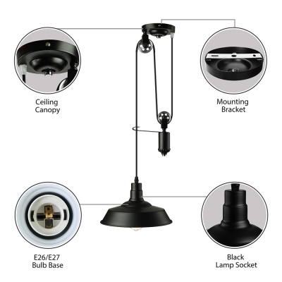 1 Light Pulley LED Pendant Metal Shade in Black