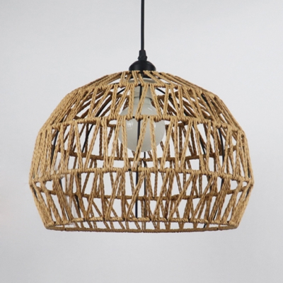 Beige/Coffee Dome Shade Ceiling Pendant Light Rustic Rope Single Hanging Lamp with 47