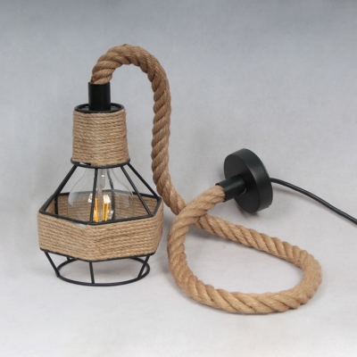 Rustic Globe/Dome Pendant Lamp Single Light Metal and Rope Hanging Light in Black