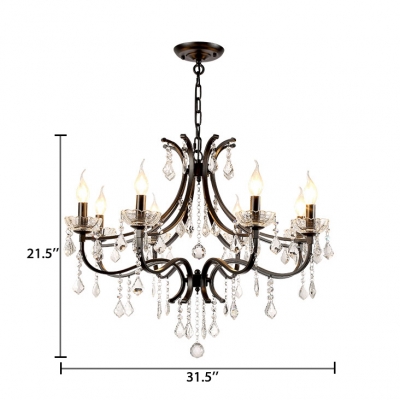 Adjustable Black Candle Chandelier 6/8 Lights Traditional Metal Light Fixture with Clear Crystal Decoration and12