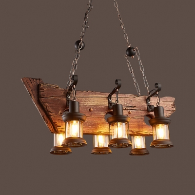Antique Bronze Island Pendants with Drum 6 Lights Glass and Wood Ceiling Light with 19.5
