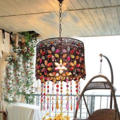 Antique Drum Hanging Lamp with Multi Color Crystal Single Light Metal Pendant Light in Copper/Grey