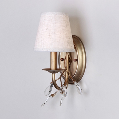 Antique Style Bucket Sconce Lighting Fabric 1/2-Light Linen Wall Light with Clear Crystal Bead for Bedroom