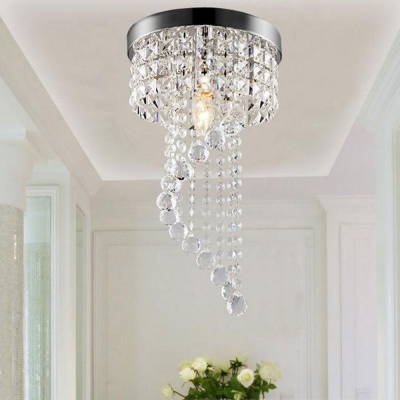 Bedroom Round Canopy Flush Mount Light Clear Crystal Modern Polished Chrome Chandelier