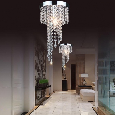 Round Canopy Flush Ceiling Light with Clear Crystal 1 Light Modern Chandelier in Polished Chrome