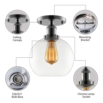 Industrial Flush Mount Ceiling Light with 8 Inch Wide Globe Clear Glass Shade in Sliver Finish