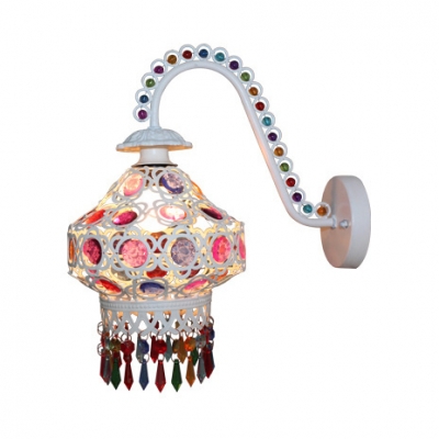 Living Room Lantern Style Wall Sconce Metal Antique White/Bronze Wall Lamp with Colorful Crystal