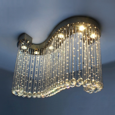 Modern Chandelier Clear Crystal 6 Lights Chrome Flush Mount Light for Bedroom