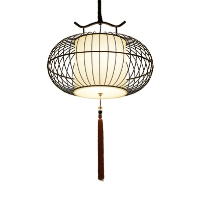 Outdoor Lantern Suspended Light Rattan Asian Black/Gold Ceiling Pendant with Adjustable Cord