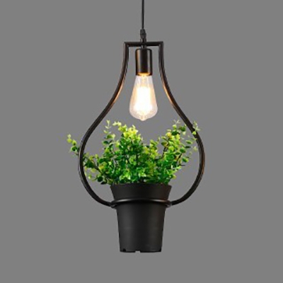 Rustic Flower Pot Pendant Light Single Light Height Adjustable Metal Ceiling Light in Black for Dining Room