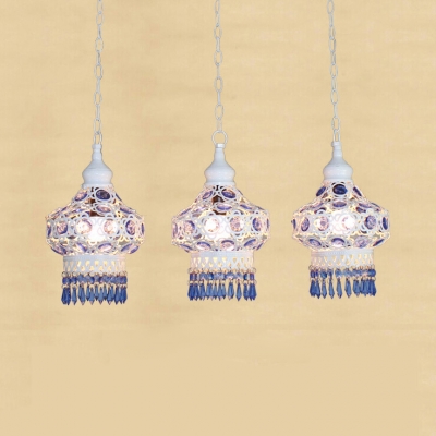 Traditional Lantern Ceiling Light 3 Lights Metal Pendant Lamp with Blue/Multi-Color Crystal and Round/Linear Canopy