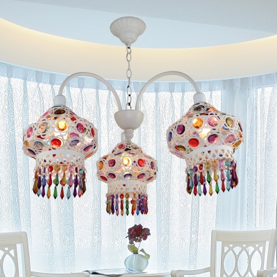 White Curved Arm Chandelier with Adjustable Hanging Chain Clear/Blue/Multi Color Crystal 3 Lights Pendant Light