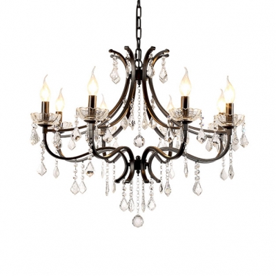 Adjustable Black Candle Chandelier 6/8 Lights Traditional Metal Light Fixture with Clear Crystal Decoration and12